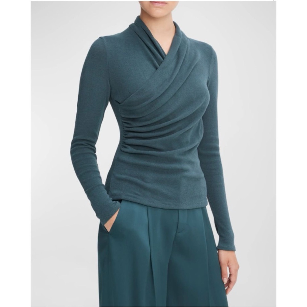 Vince Long-Sleeve Ruched Wrap Top, Size Small in Teal